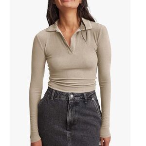 Women's Beige Long Sleeve Polo Top